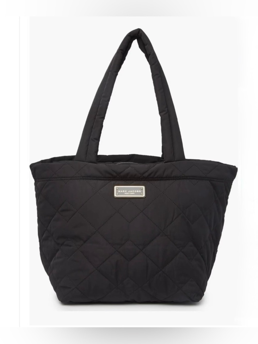 Marc Jacobs Medium Black Quilted Nylon Tote Bag Purse Gold Logo Chic Travel NWOT